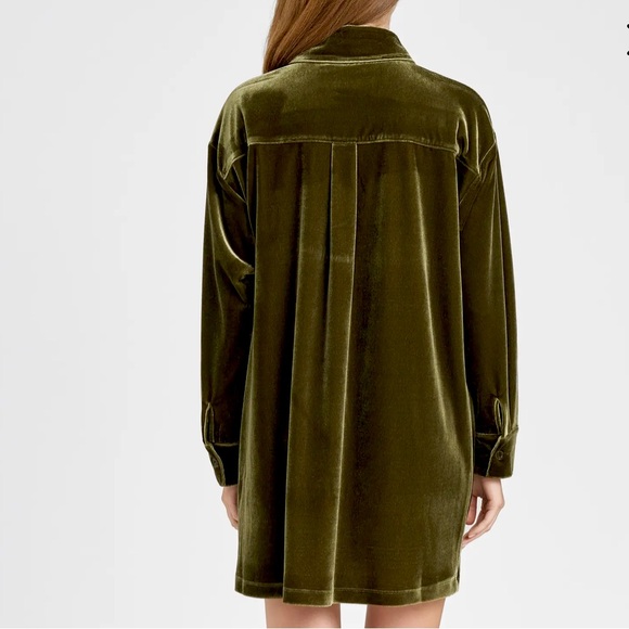 WAYF Long Sleeve Velvet Shirtdress, Olive Green, Oversized Button Up Top, Sz XS - Picture 5 of 10